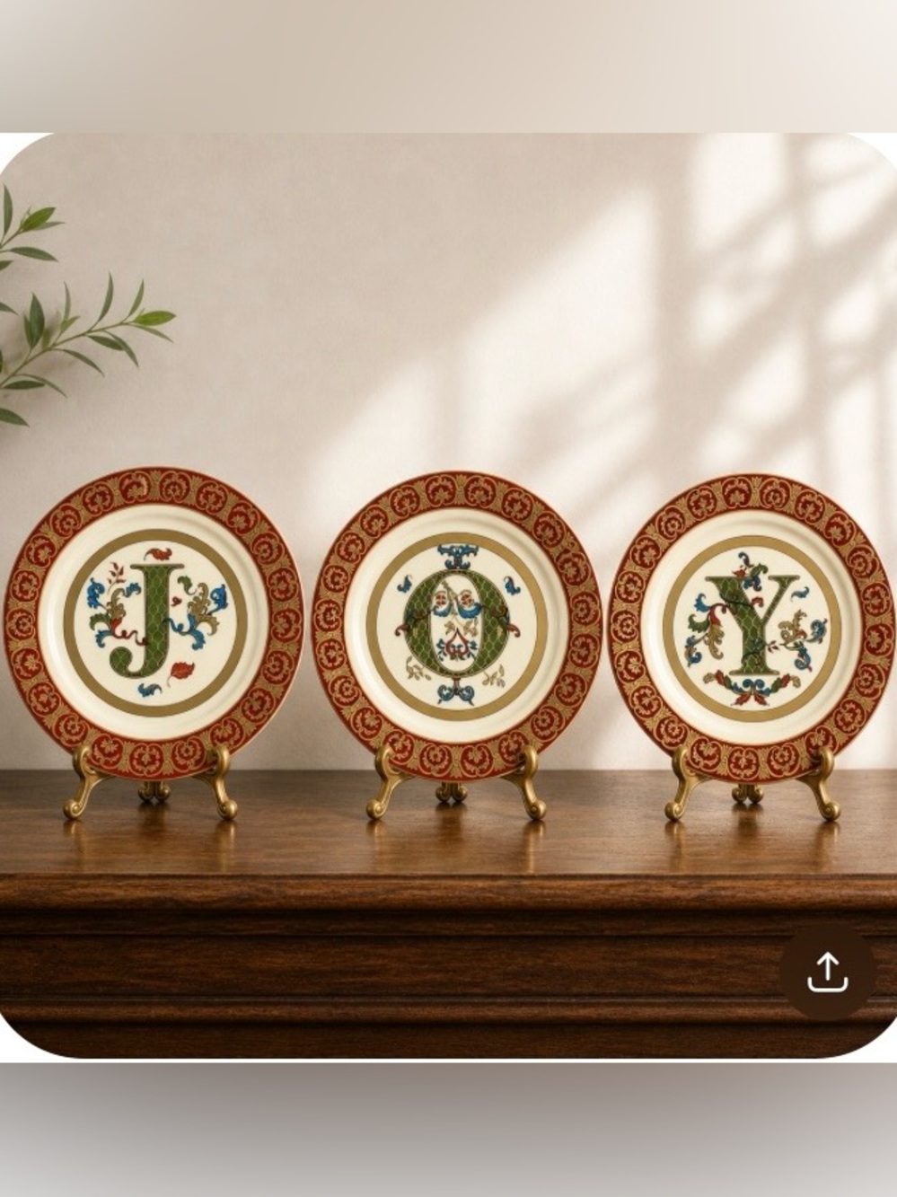 Vintage JOY Monogram Plates Set of 3 Red Gold Scroll Holiday Decor 8" Ceramic
